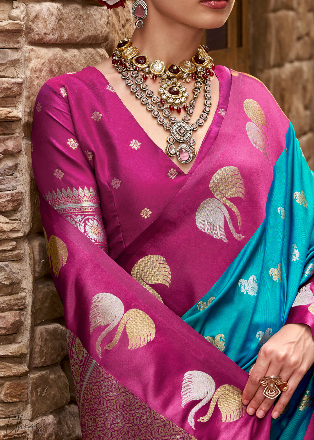 Deep Spruce Ethereal Swan Satin Silk Saree