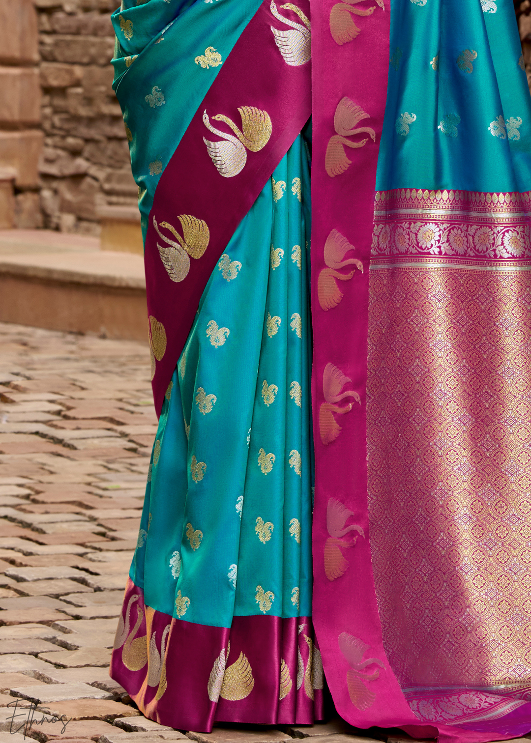 Deep Spruce Ethereal Swan Satin Silk Saree
