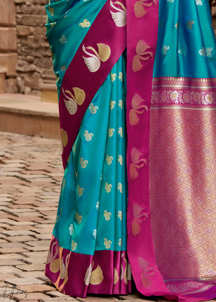 Deep Spruce Ethereal Swan Satin Silk Saree