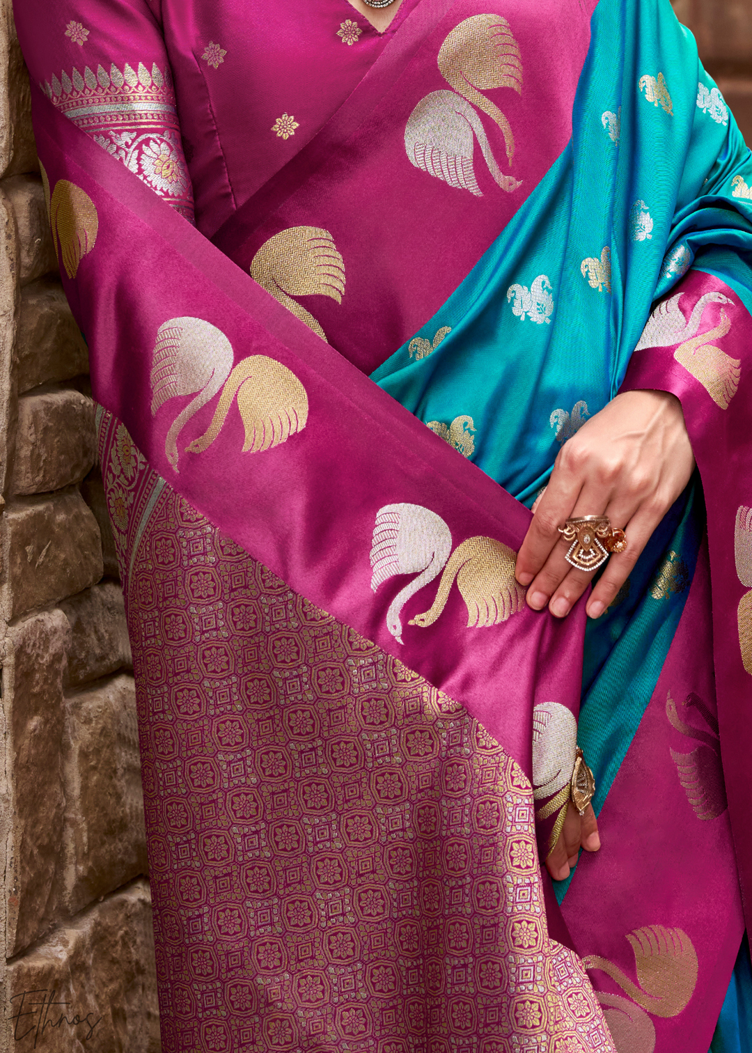 Deep Spruce Ethereal Swan Satin Silk Saree