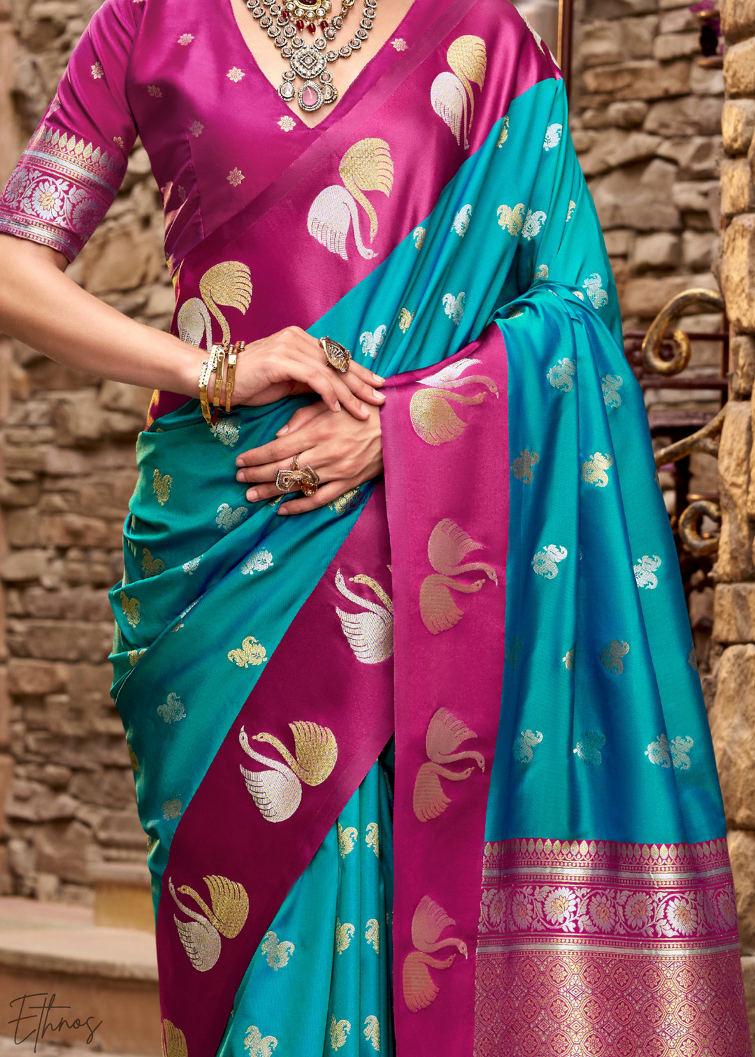 Deep Spruce Ethereal Swan Satin Silk Saree