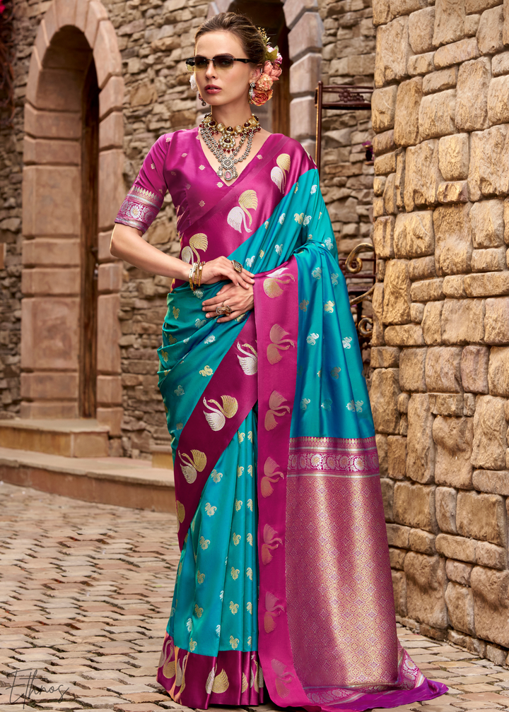 Deep Spruce Ethereal Swan Satin Silk Saree