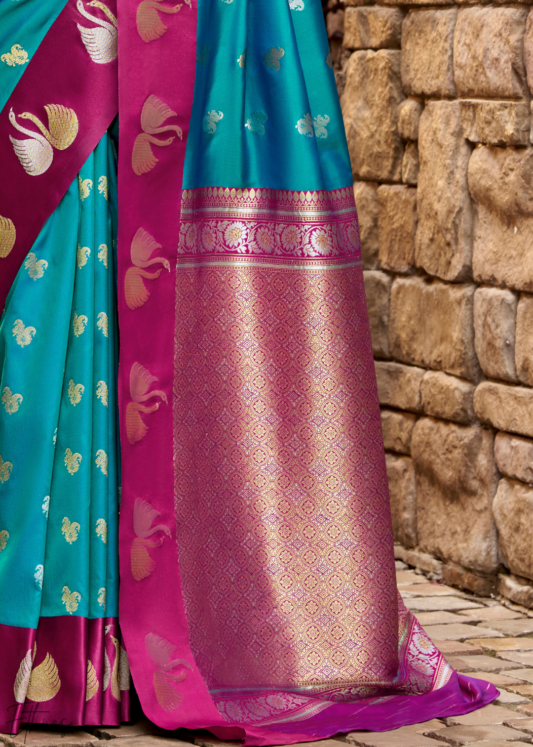 Deep Spruce Ethereal Swan Satin Silk Saree