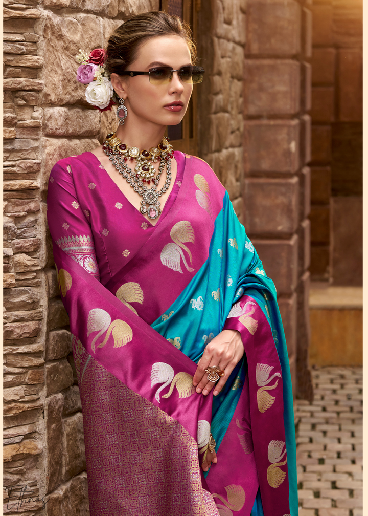 Deep Spruce Ethereal Swan Satin Silk Saree