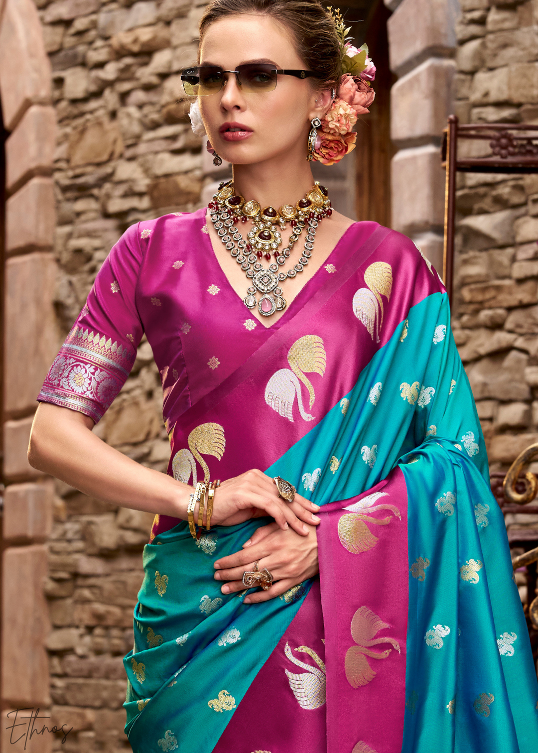 Deep Spruce Ethereal Swan Satin Silk Saree
