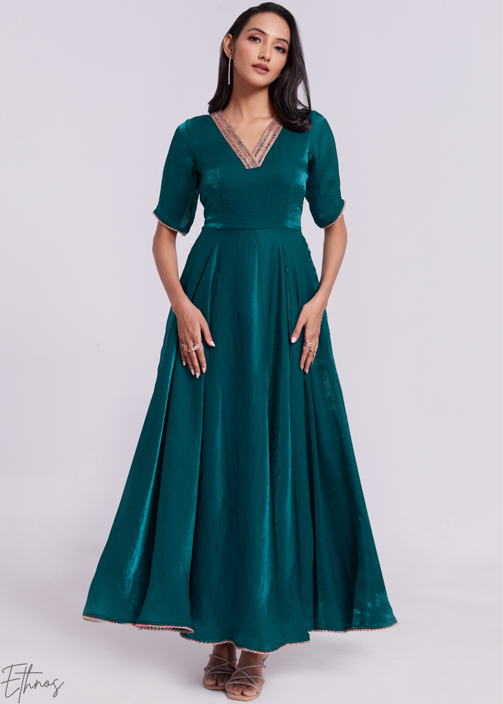 Deep Teal Crushed Organza V-Neck Maxi Dress