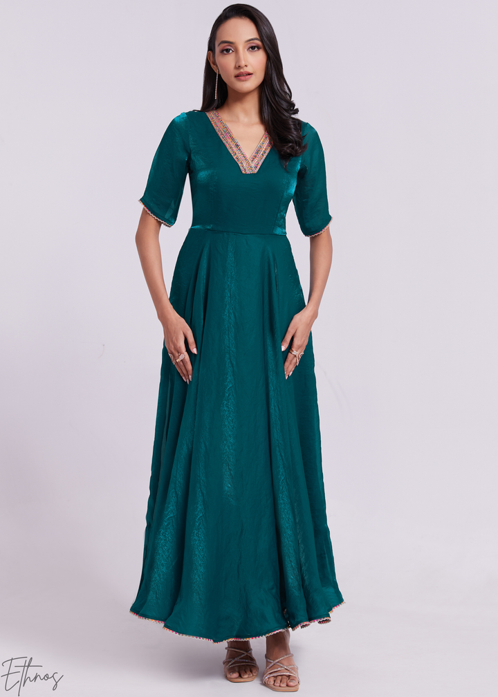 Deep Teal Crushed Organza V-Neck Maxi Dress