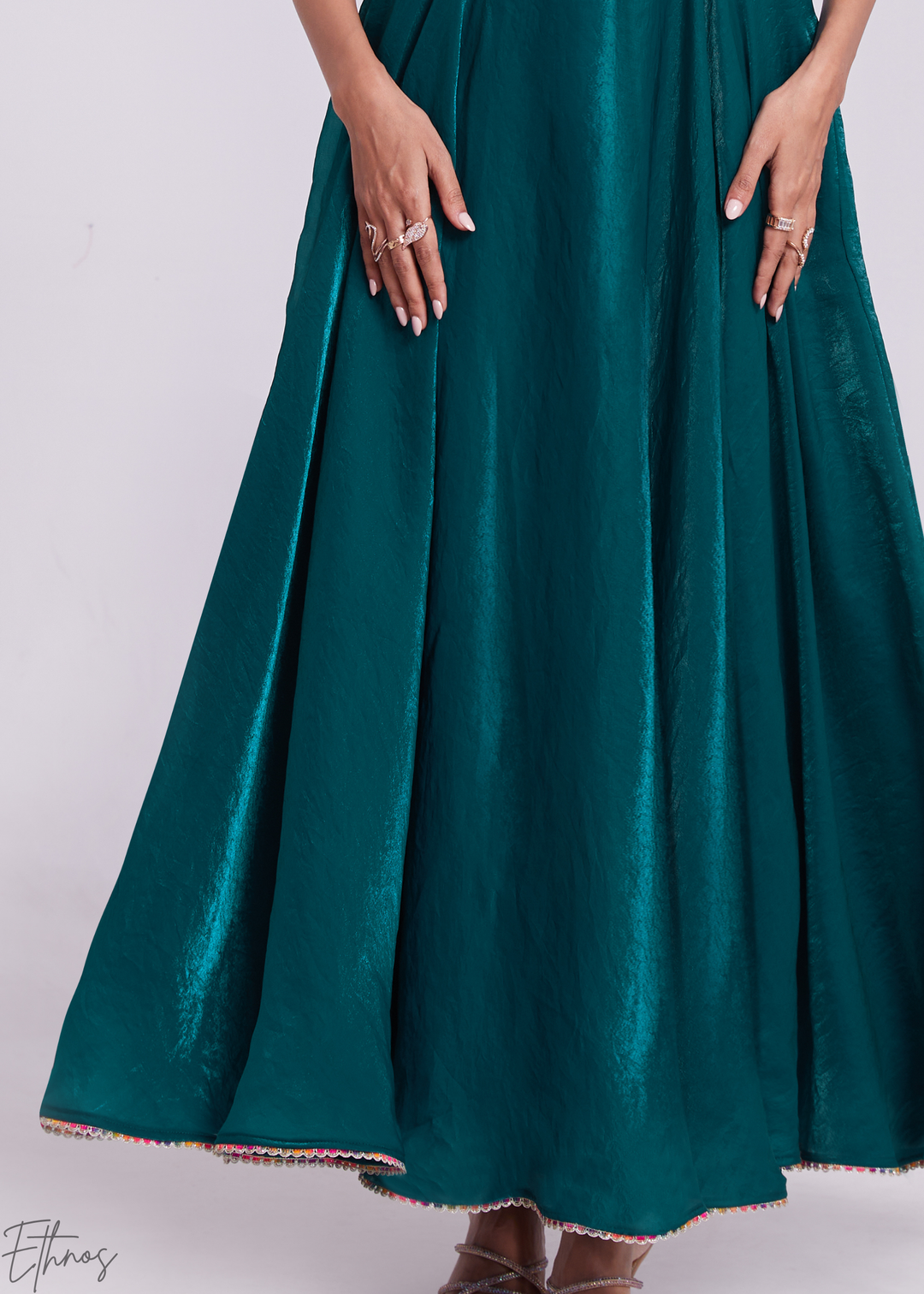 Deep Teal Crushed Organza V-Neck Maxi Dress