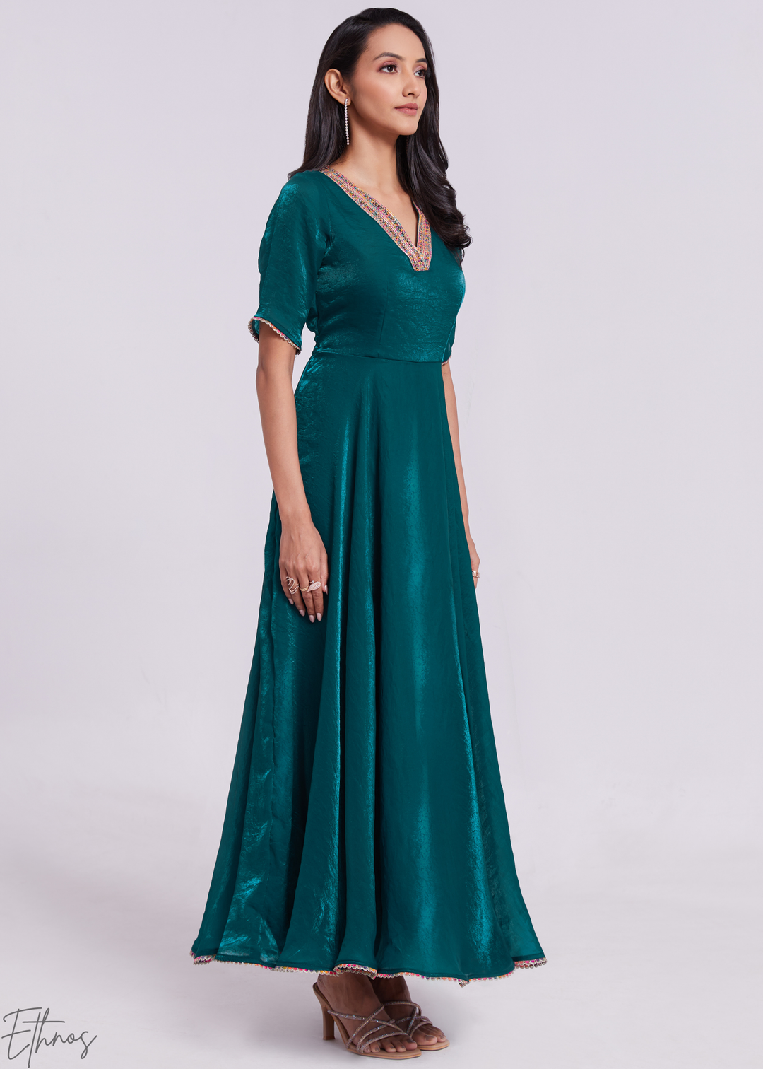Deep Teal Crushed Organza V-Neck Maxi Dress