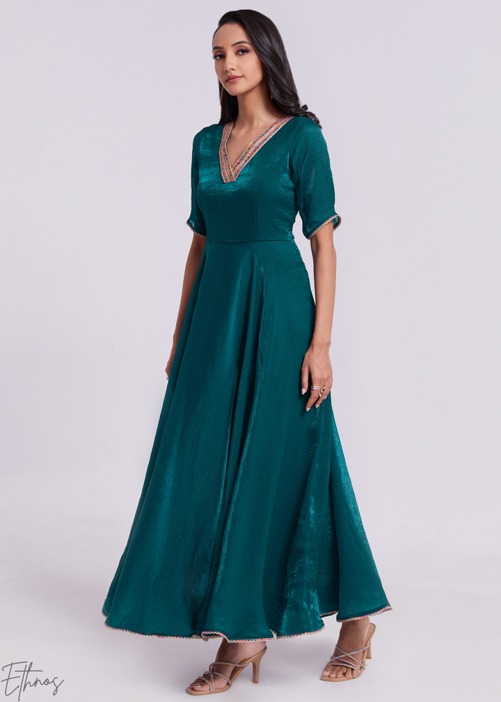 Deep Teal Crushed Organza V-Neck Maxi Dress