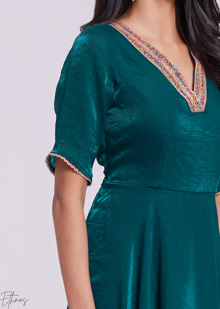 Deep Teal Crushed Organza V-Neck Maxi Dress