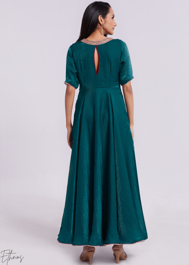 Deep Teal Crushed Organza V-Neck Maxi Dress