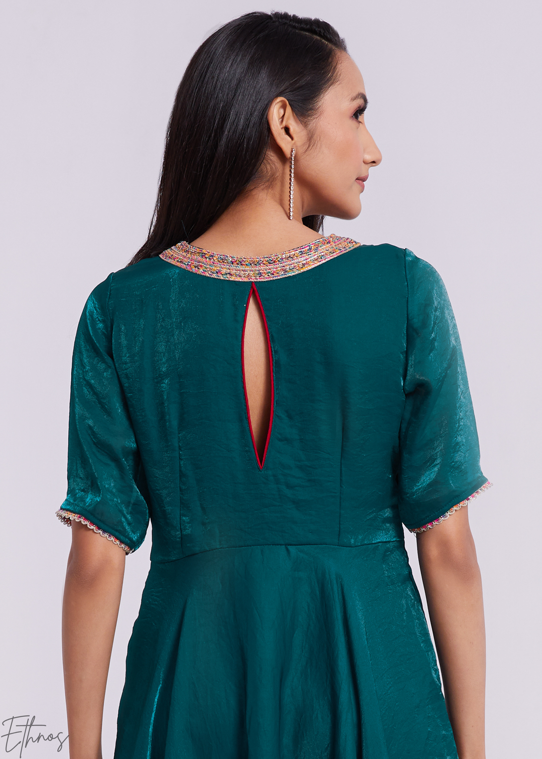 Deep Teal Crushed Organza V-Neck Maxi Dress