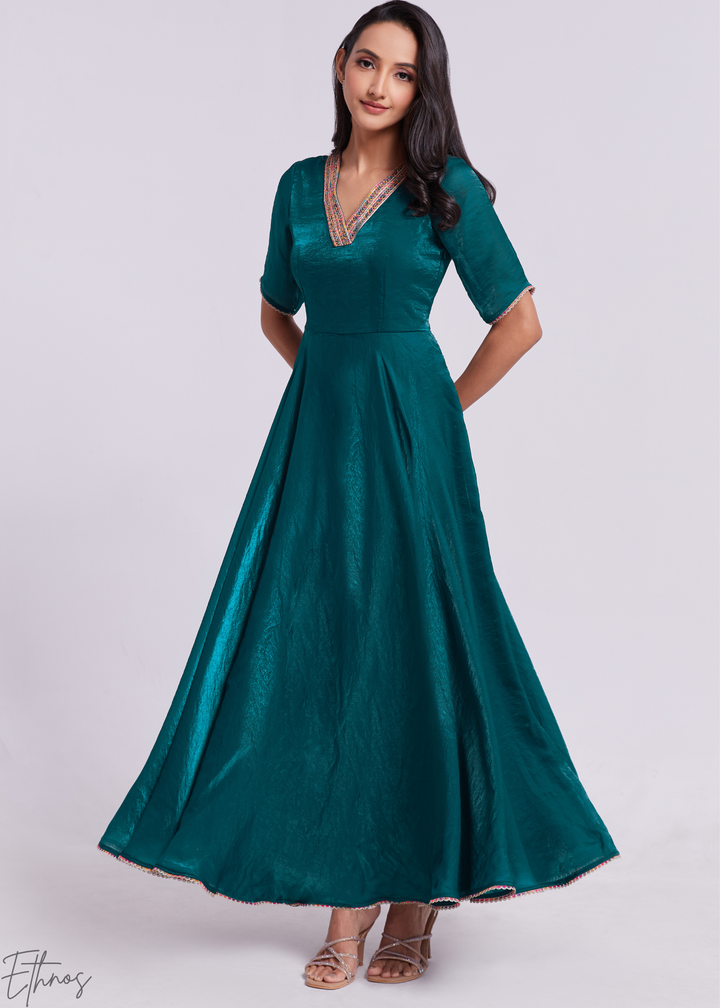 Deep Teal Crushed Organza V-Neck Maxi Dress