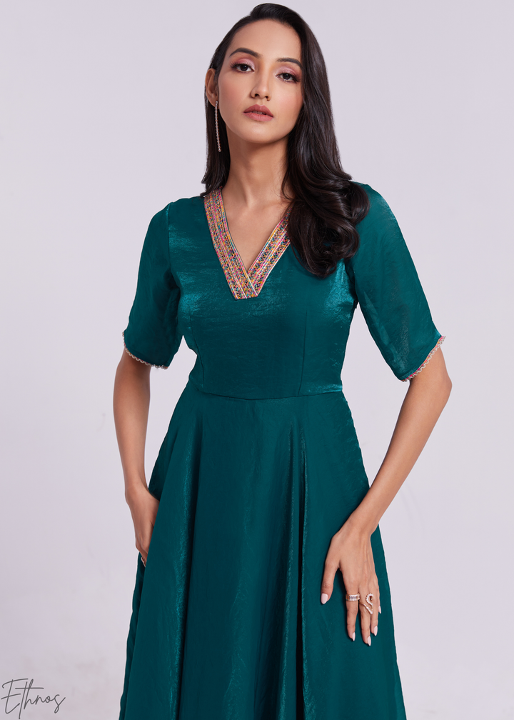 Deep Teal Crushed Organza V-Neck Maxi Dress