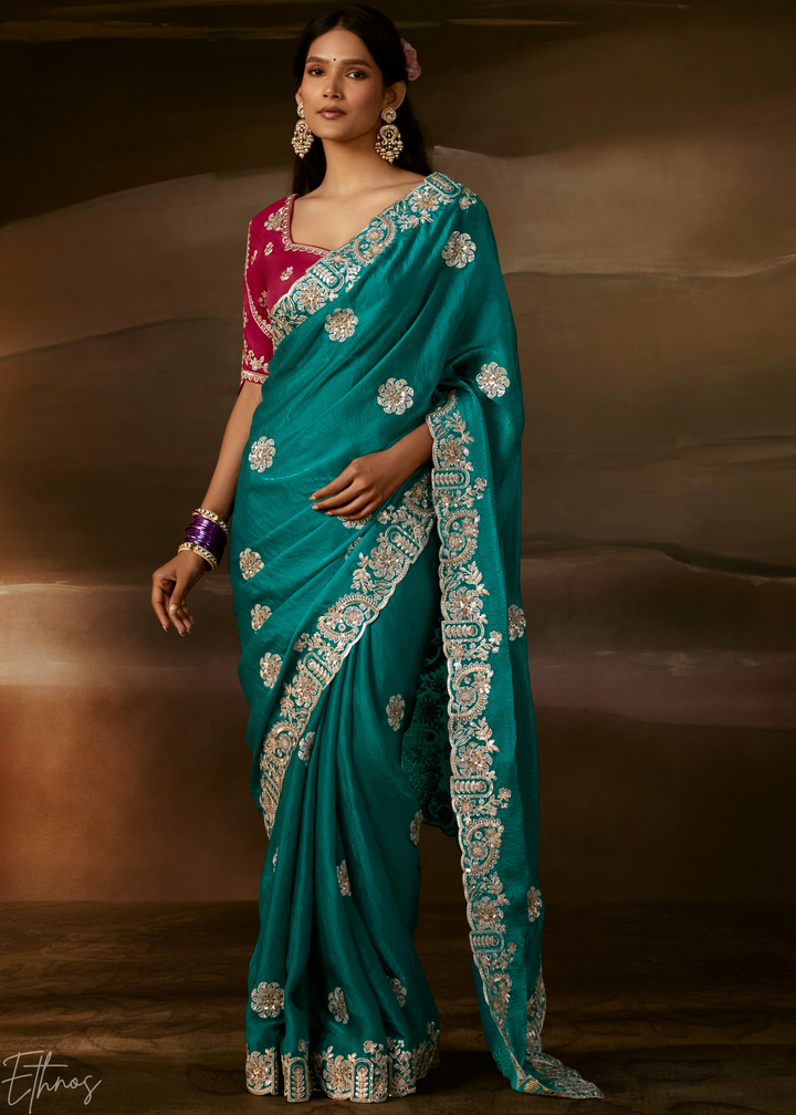 Deep Teal Cutwork Scallop Border Organza Saree