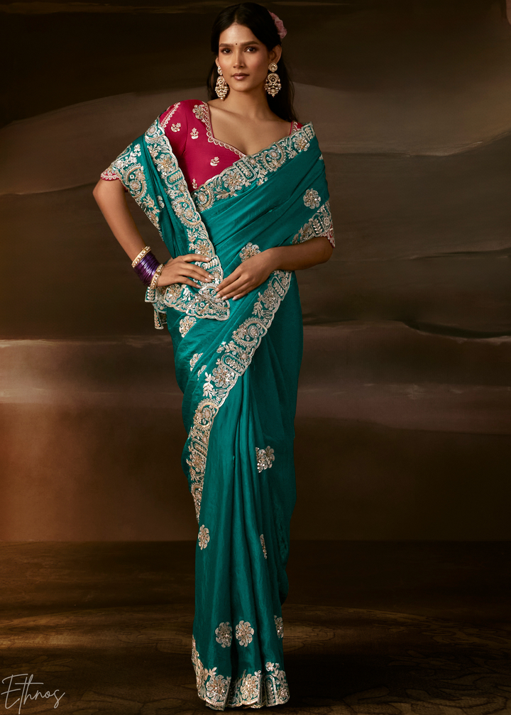Deep Teal Cutwork Scallop Border Organza Saree