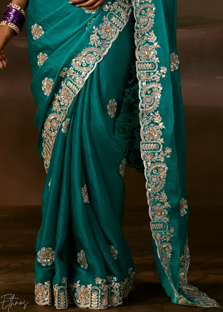 Deep Teal Cutwork Scallop Border Organza Saree