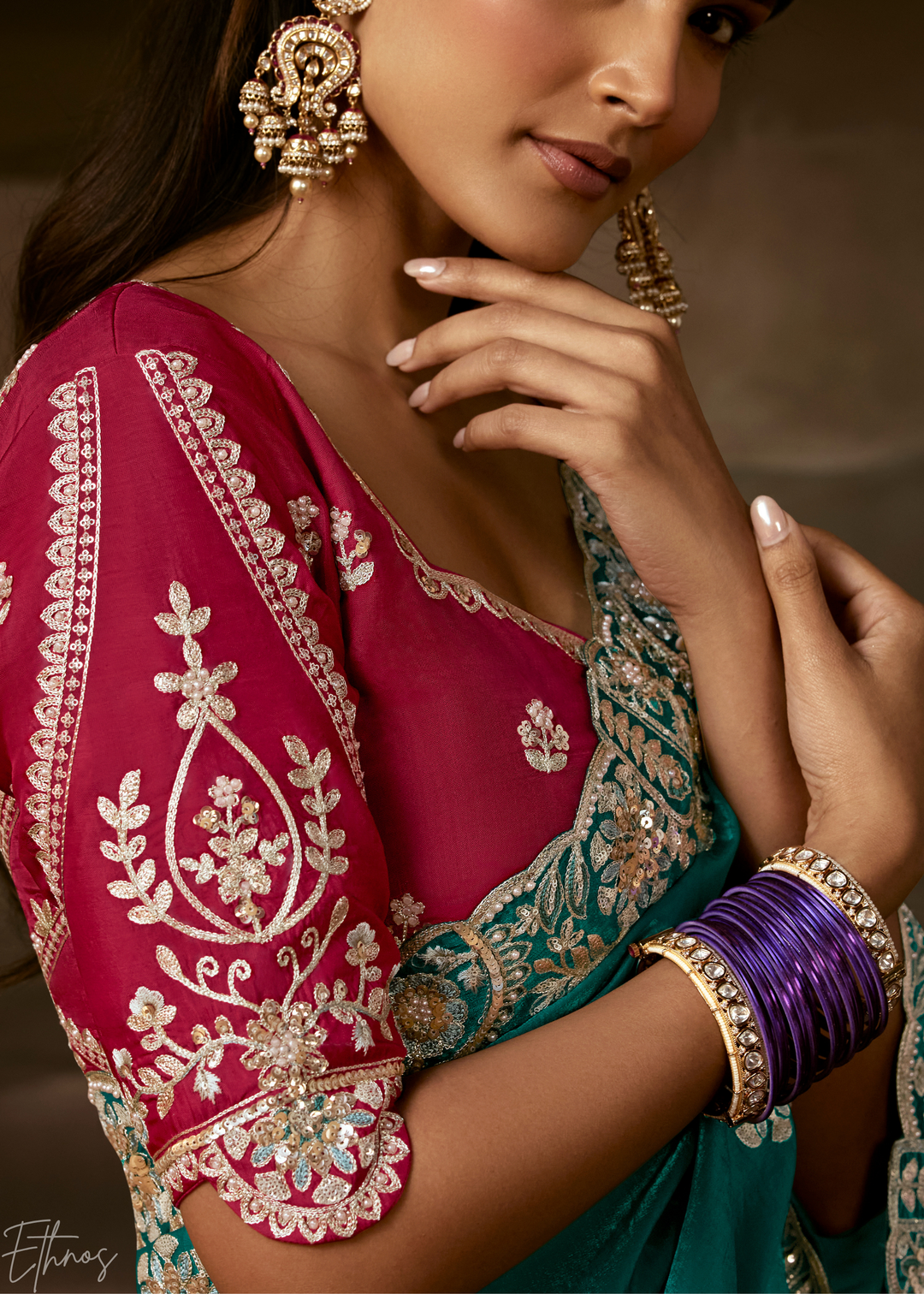Deep Teal Cutwork Scallop Border Organza Saree