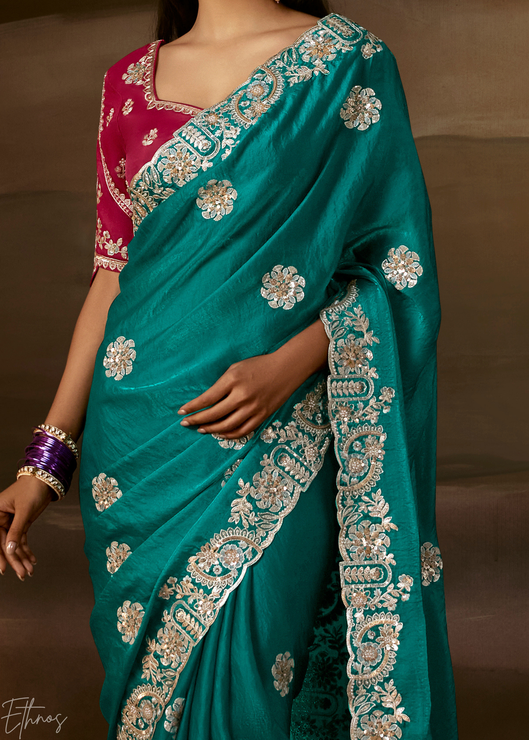 Deep Teal Cutwork Scallop Border Organza Saree