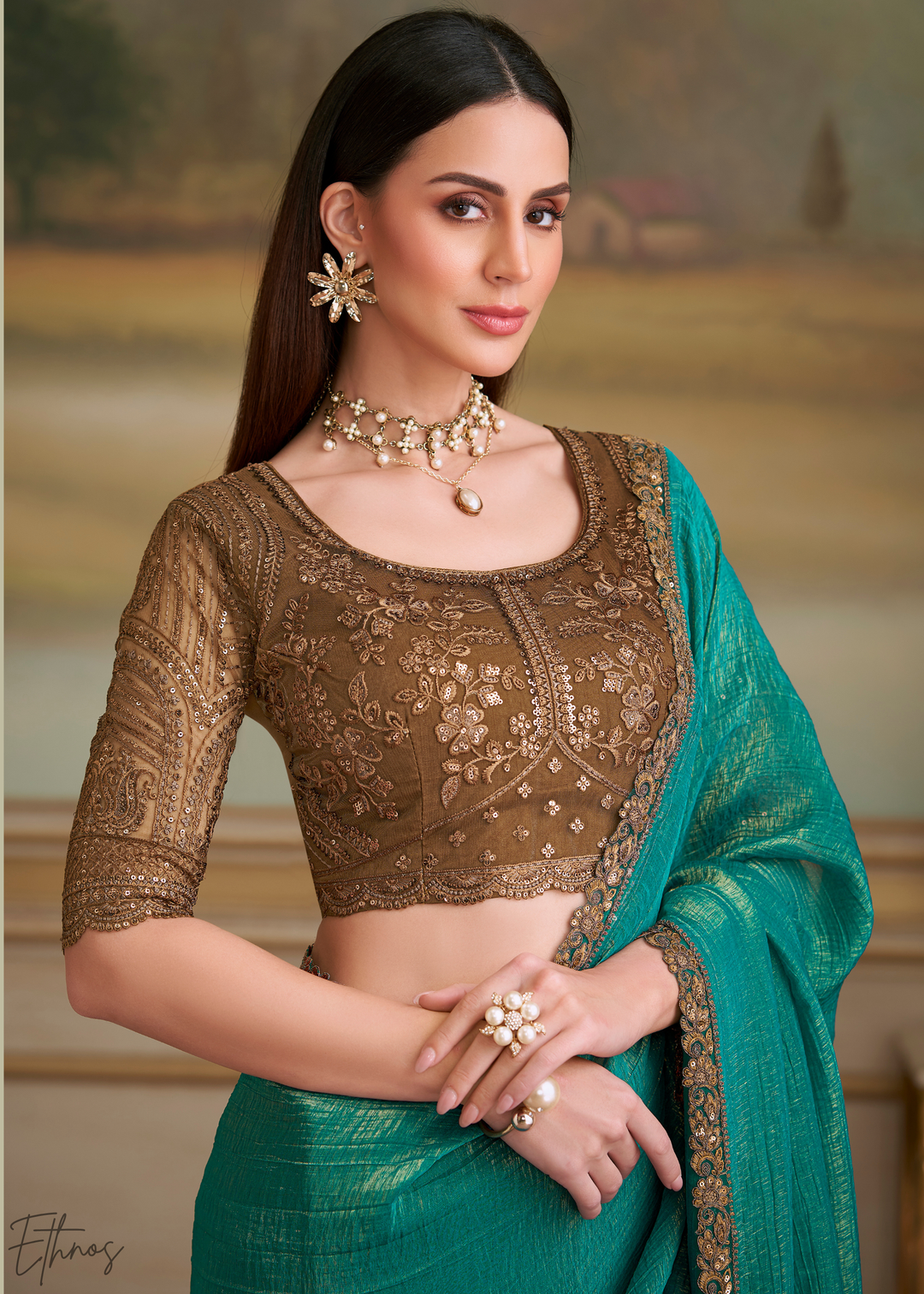 Deep Teal Gold Metallic Georgette Saree