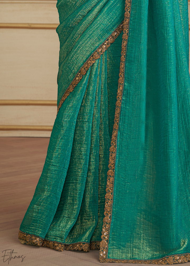 Deep Teal Gold Metallic Georgette Saree