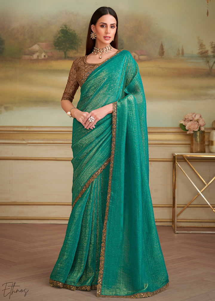 Deep Teal Gold Metallic Georgette Saree