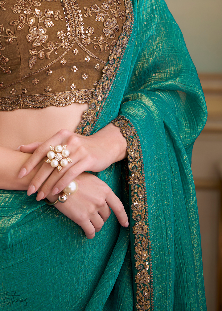 Deep Teal Gold Metallic Georgette Saree
