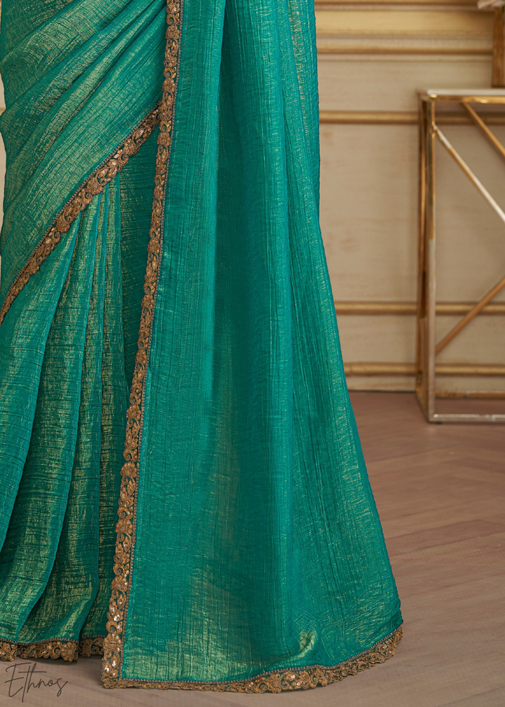 Deep Teal Gold Metallic Georgette Saree