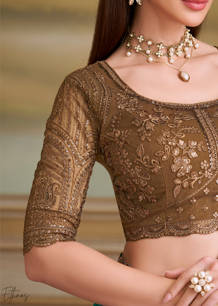 Deep Teal Gold Metallic Georgette Saree
