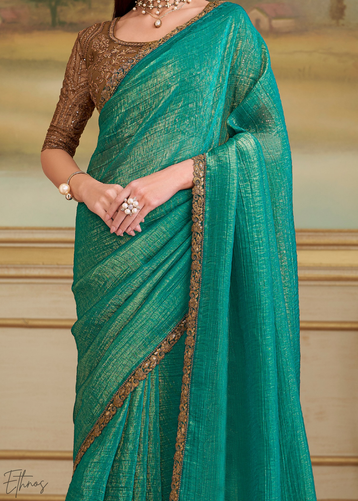 Deep Teal Gold Metallic Georgette Saree
