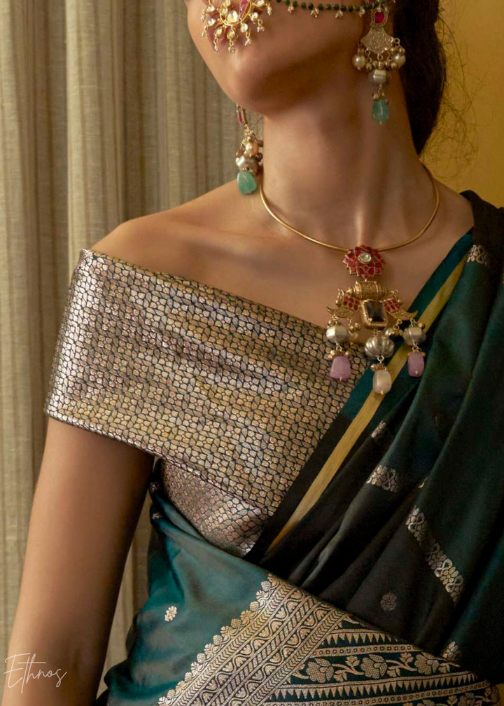Deep Teal & Charcoal Geometric Rangkat Satin Saree