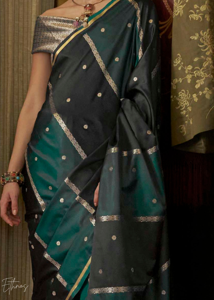 Deep Teal & Charcoal Geometric Rangkat Satin Saree