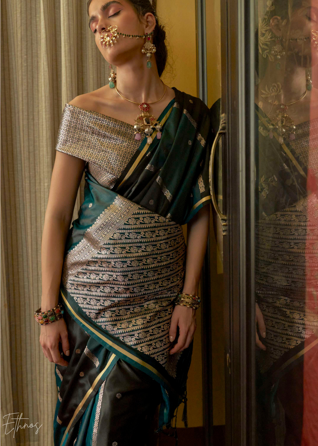 Deep Teal & Charcoal Geometric Rangkat Satin Saree