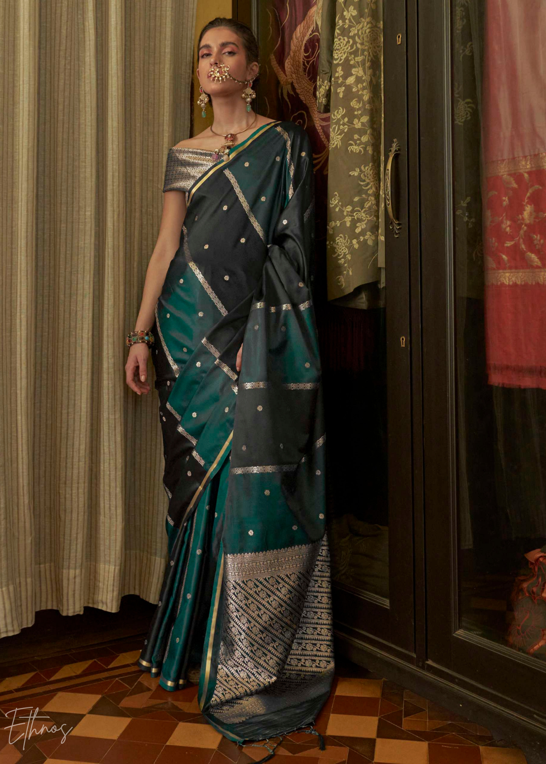 Deep Teal & Charcoal Geometric Rangkat Satin Saree