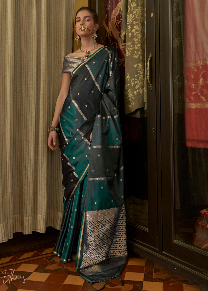Deep Teal & Charcoal Geometric Rangkat Satin Saree