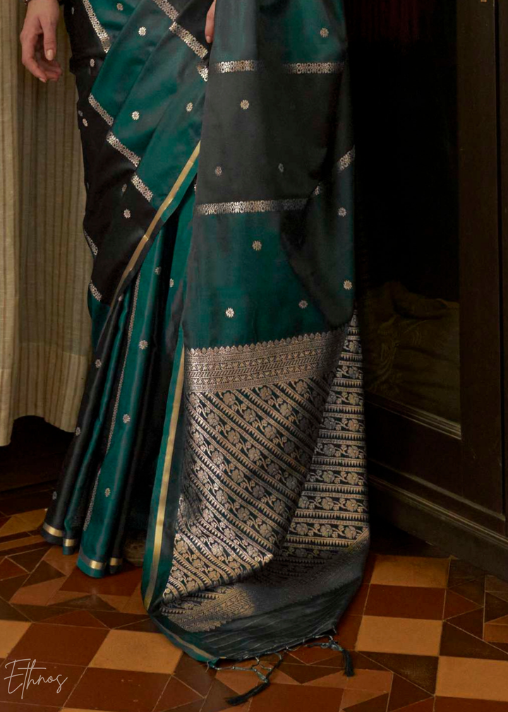 Deep Teal & Charcoal Geometric Rangkat Satin Saree