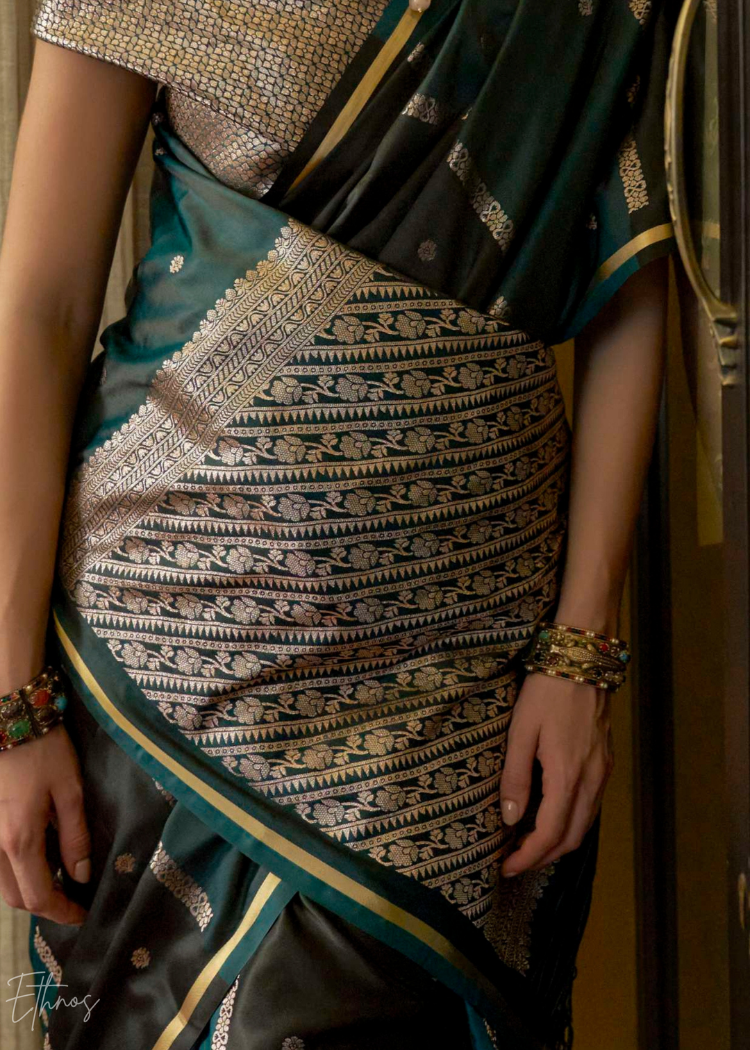 Deep Teal & Charcoal Geometric Rangkat Satin Saree
