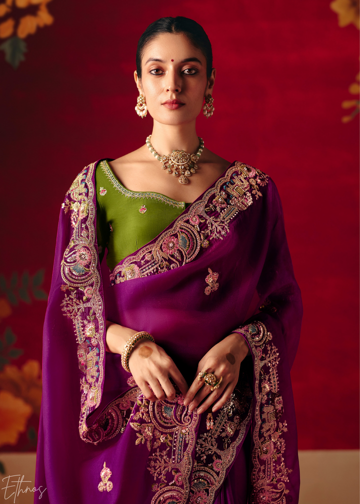 Deep Violet Floral Sequin Embroidered Organza Tissue Saree