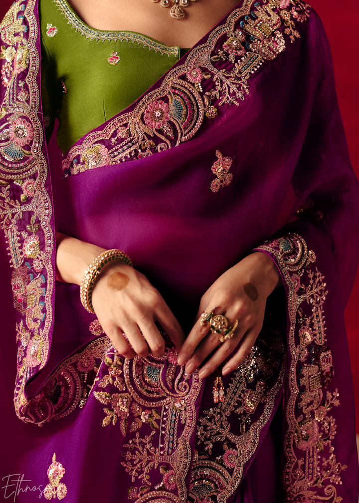 Deep Violet Floral Sequin Embroidered Organza Tissue Saree
