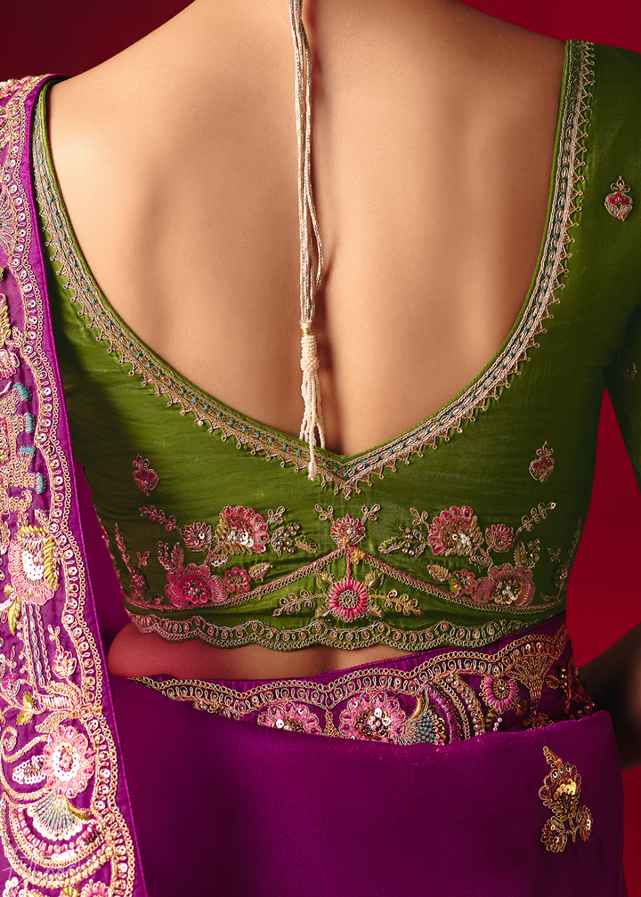 Deep Violet Floral Sequin Embroidered Organza Tissue Saree