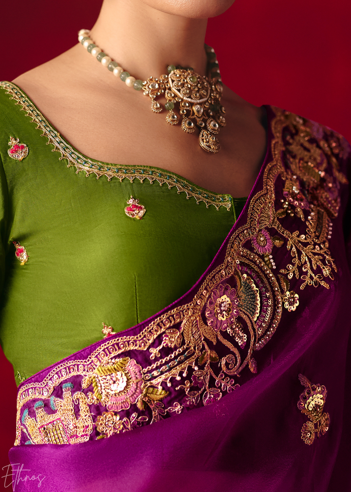 Deep Violet Floral Sequin Embroidered Organza Tissue Saree