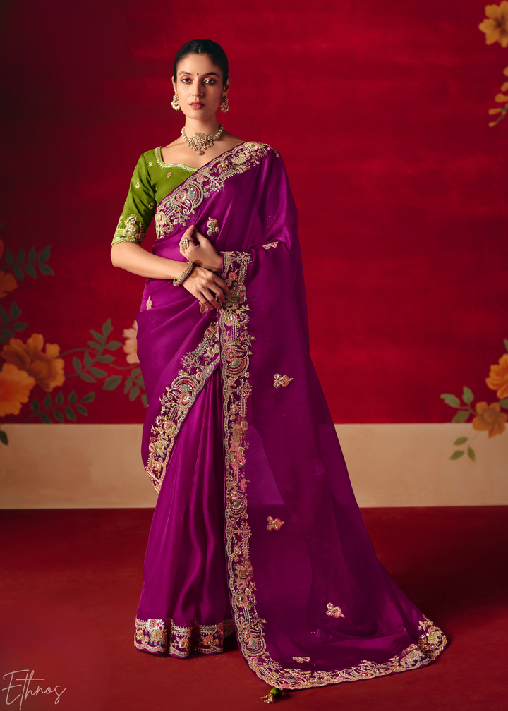 Deep Violet Floral Sequin Embroidered Organza Tissue Saree