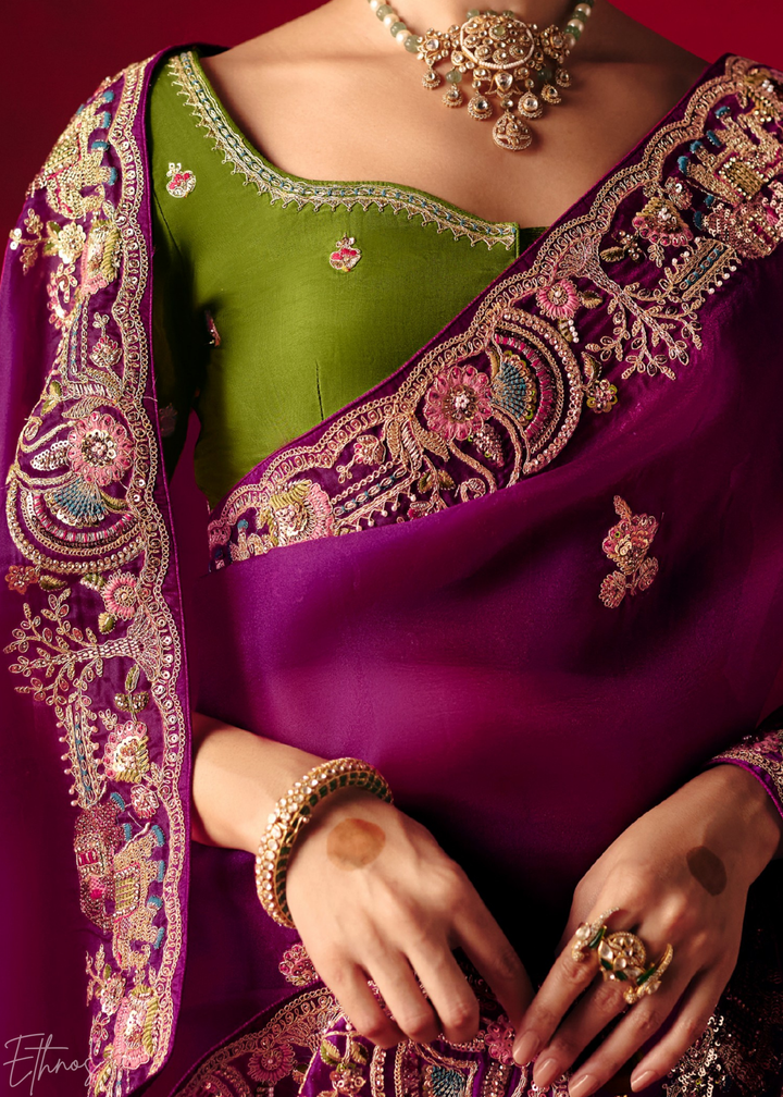 Deep Violet Floral Sequin Embroidered Organza Tissue Saree