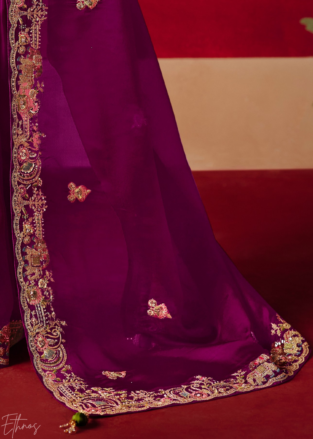 Deep Violet Floral Sequin Embroidered Organza Tissue Saree