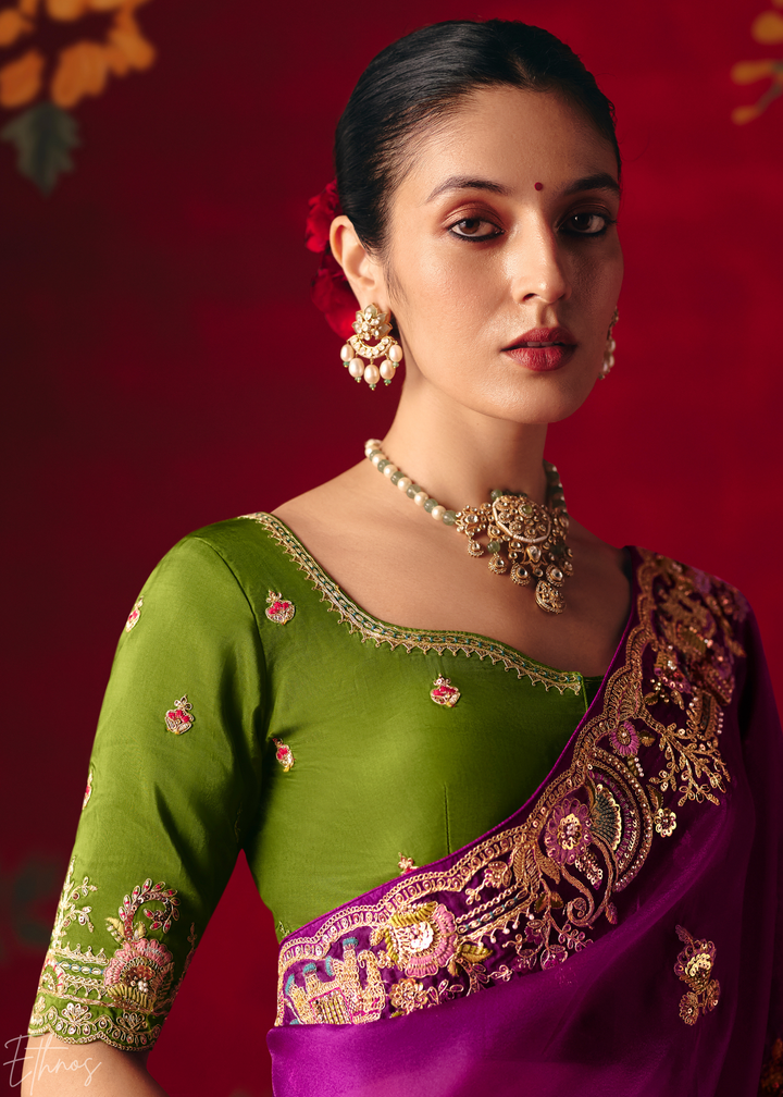 Deep Violet Floral Sequin Embroidered Organza Tissue Saree