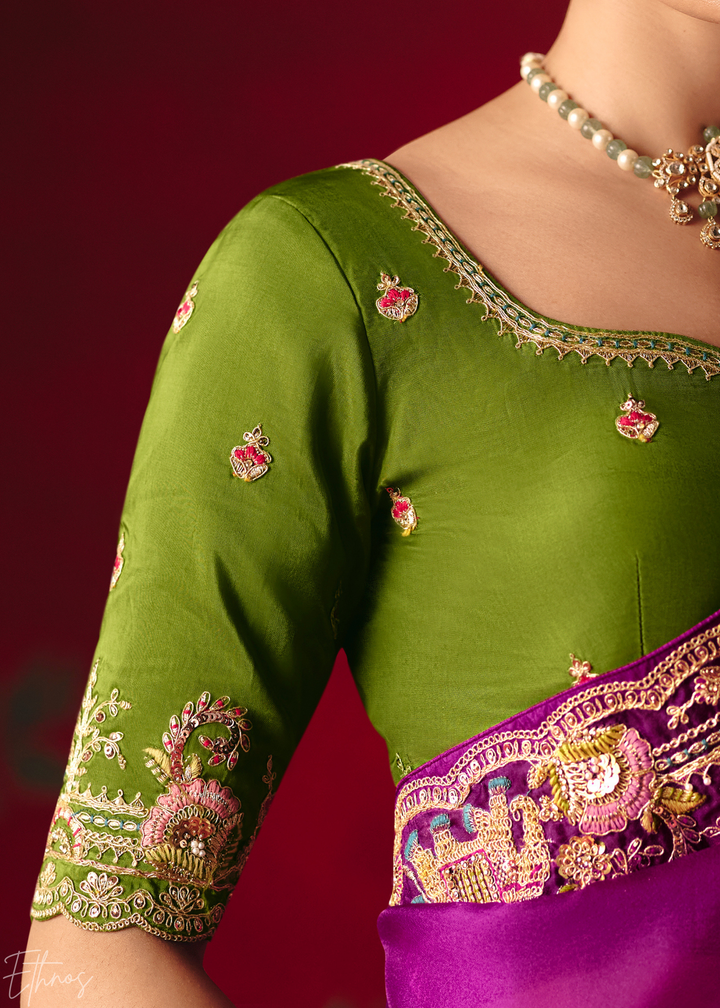 Deep Violet Floral Sequin Embroidered Organza Tissue Saree