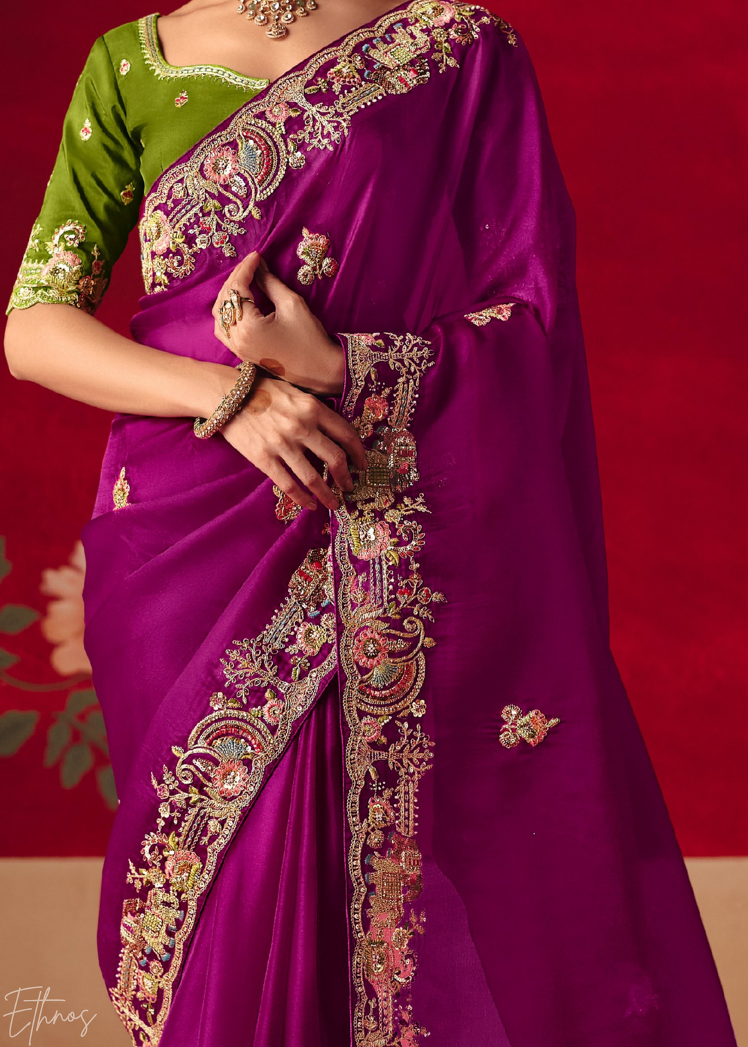 Deep Violet Floral Sequin Embroidered Organza Tissue Saree