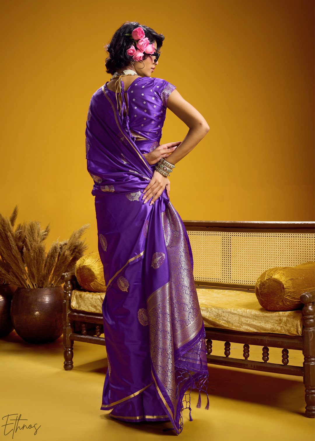 Deep Violet Gold-Infused Jacquard Satin Silk Saree