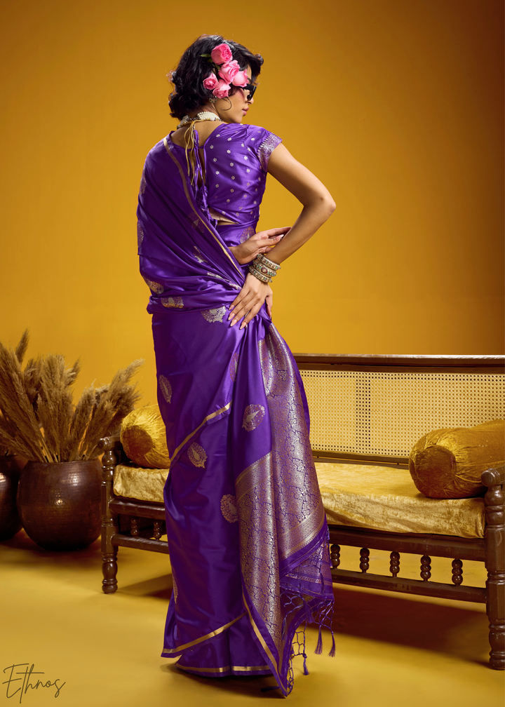 Deep Violet Gold-Infused Jacquard Satin Silk Saree